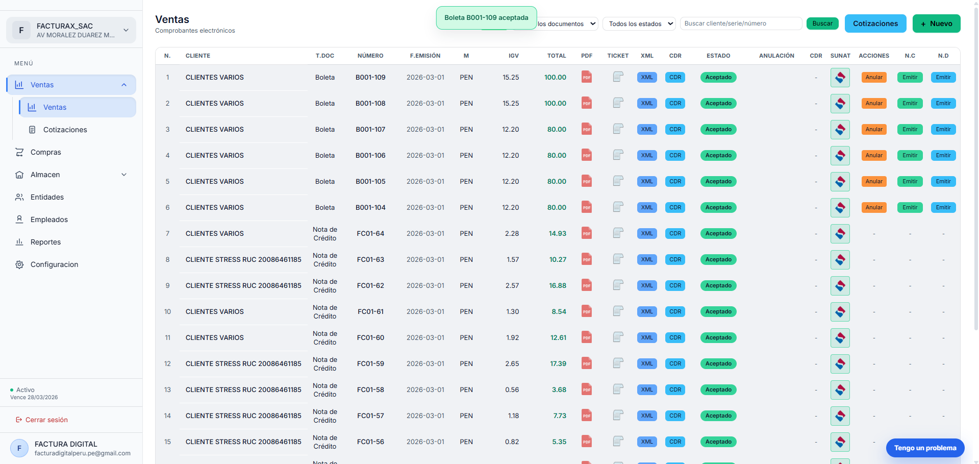 Comprobante aceptado en Factura Digital Peru